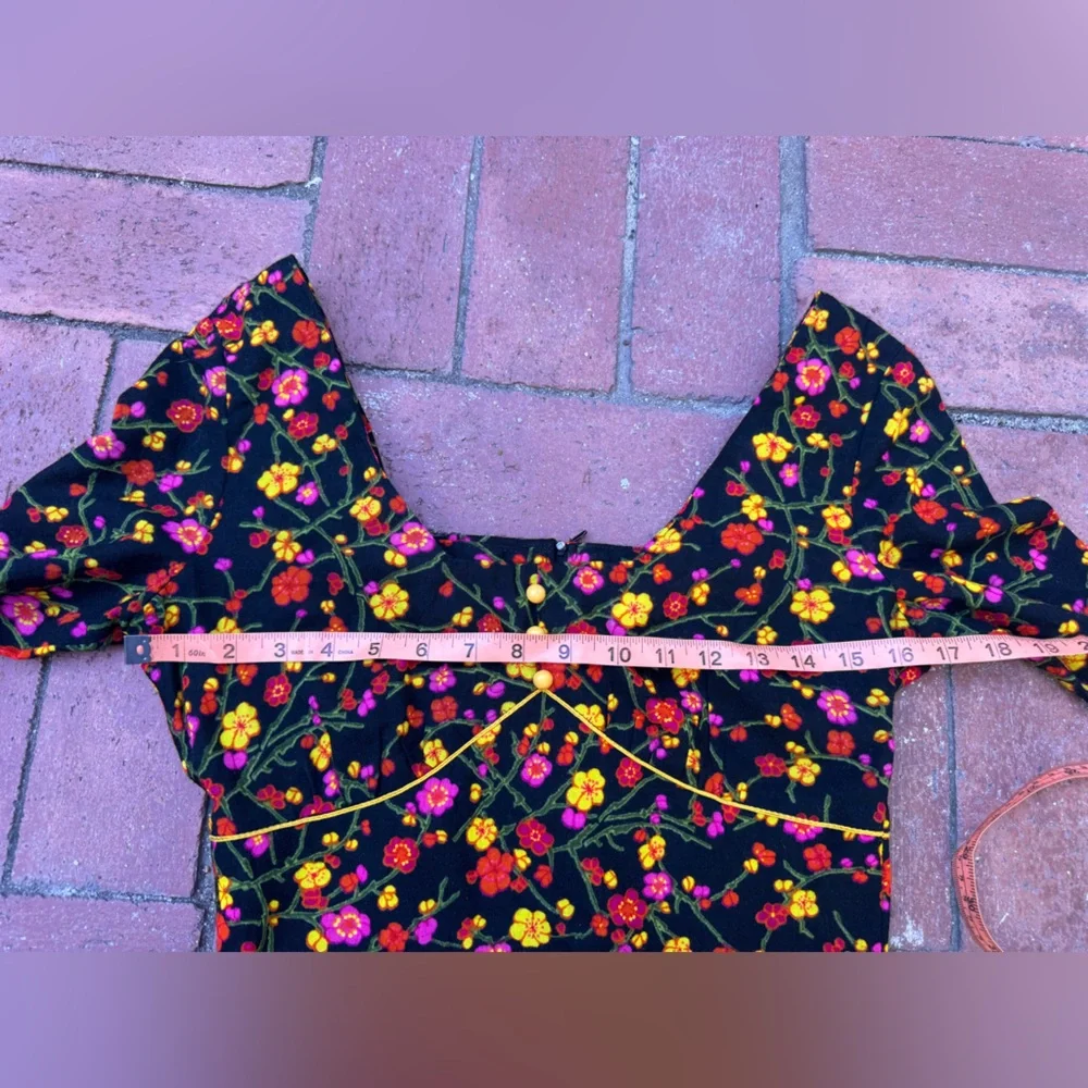 70s Vintage Micro Mini acrylic barkcloth long sleeved dress w. bright flowers XS - Picture 5 of 8